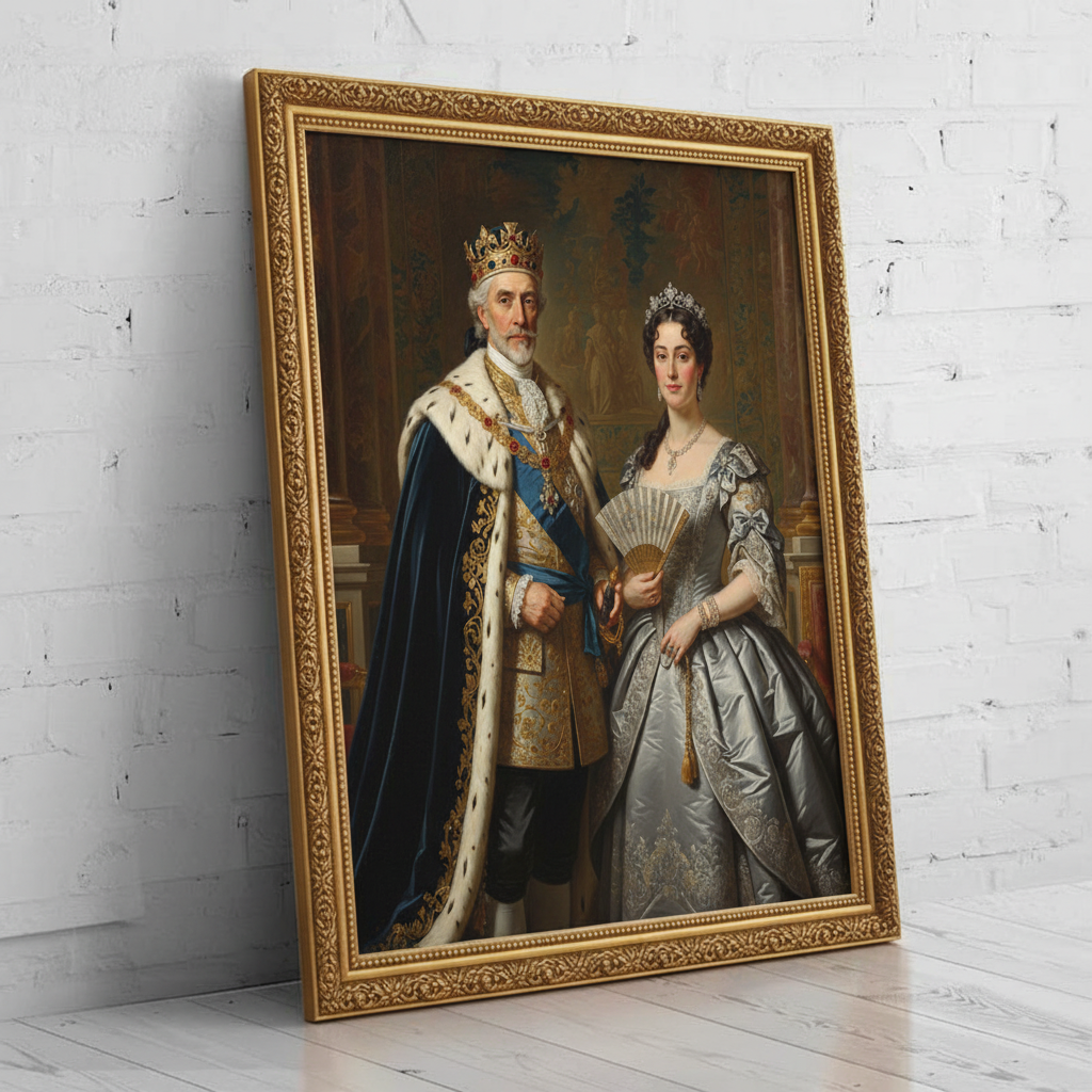 A custom portrait of a man in a gold-embroidered royal uniform, depicting him as Ancient Imperial Pair of royal heritage.