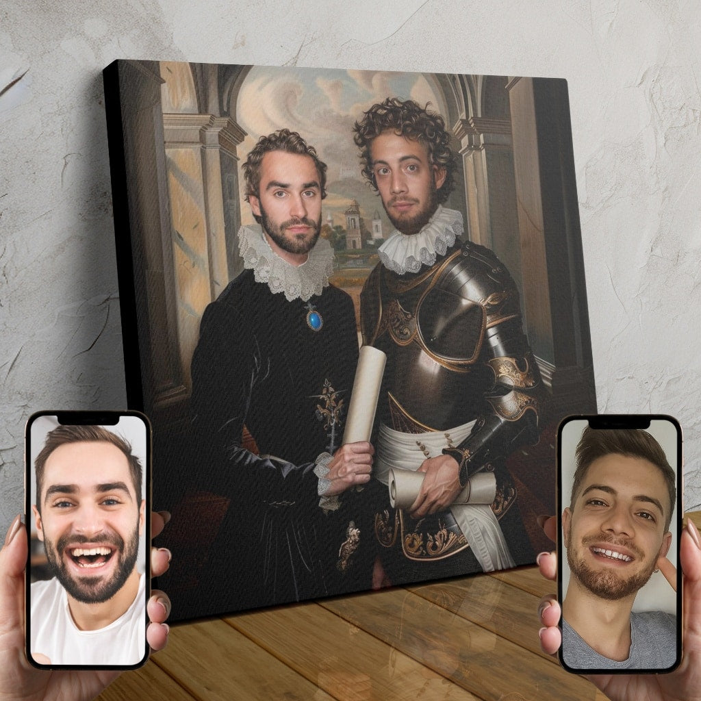 Two people dressed in ornate Renaissance-style aristocratic costumes posing together in a regal portrait.