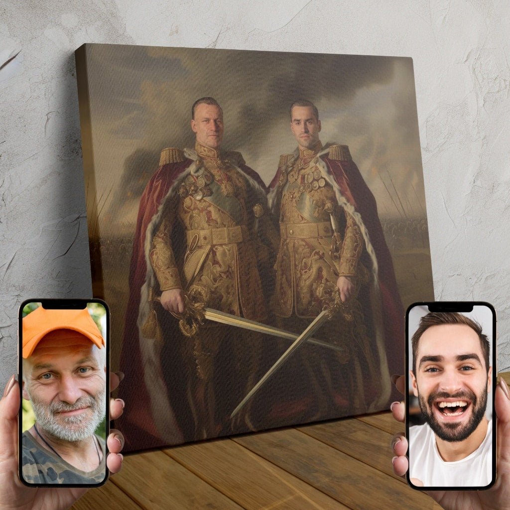 Two people posing as regal monarchs in an ornate, royal-themed custom portrait.