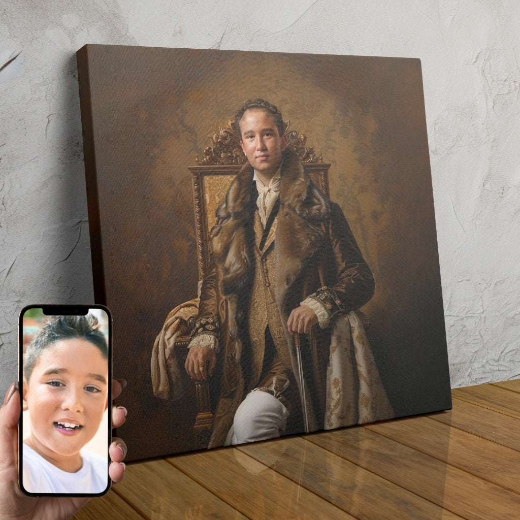 A custom portrait of a man in luxurious fur-trimmed robes and a majestic crown, created using AI technology.