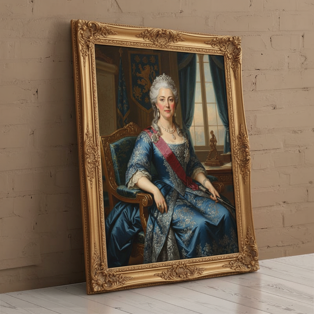 A digitally rendered portrait of a woman dressed in an elegant, regal gown and crown, created as Brilliant Marshal using AI technology.