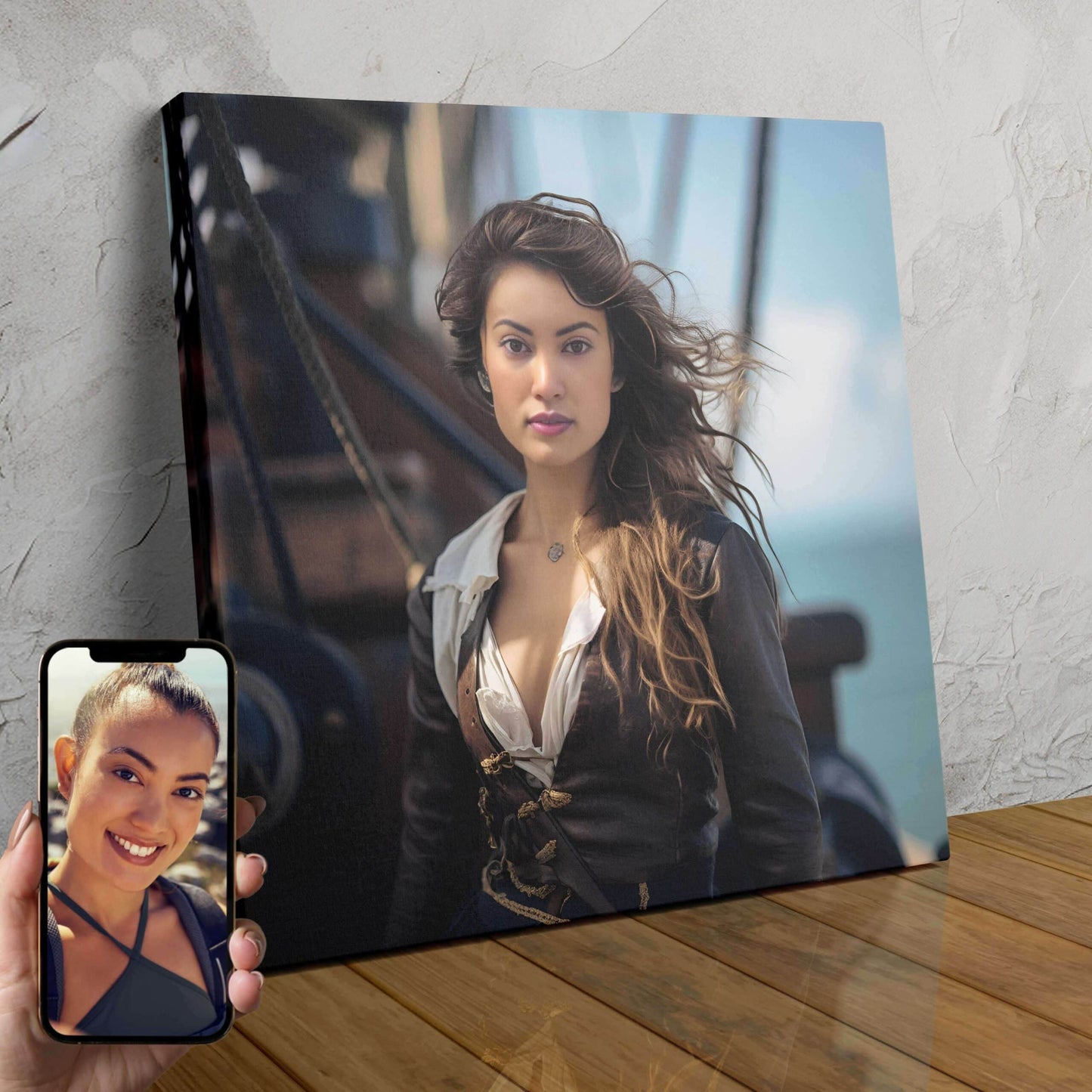 A custom pirate portrait featuring a woman with long, flowing hair, wearing a pirate hat and holding a sword.