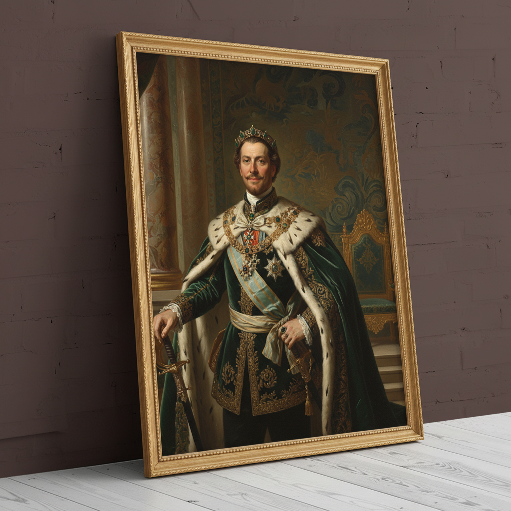 A custom portrait of a man in a gold-embroidered royal uniform, depicting him as Crimson Duke of royal heritage.