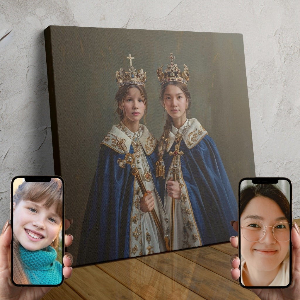 Two women dressed in luxurious blue velvet robes, wearing ornate crowns, in an elegant medieval setting created using AI technology.
