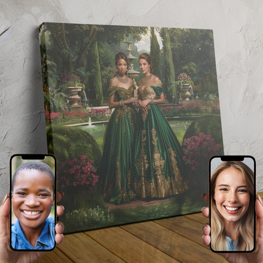Two women dressed as elegant emerald-gowned princesses standing in a lush palace garden.