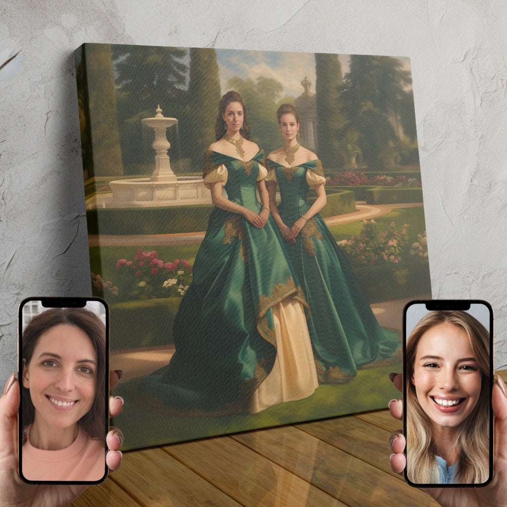 Two women dressed in luxurious emerald gowns posing in a lush palace garden, transformed into elegant duchess characters through AI-powered custom portraiture.