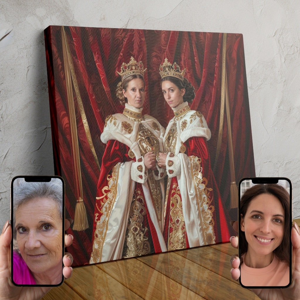 Two regal figures in an elegant, golden-themed portrait, created using AI technology.