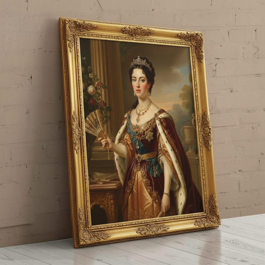 A digitally rendered portrait of a woman dressed in an elegant, regal gown and crown, created as Enchanted Commander using AI technology.