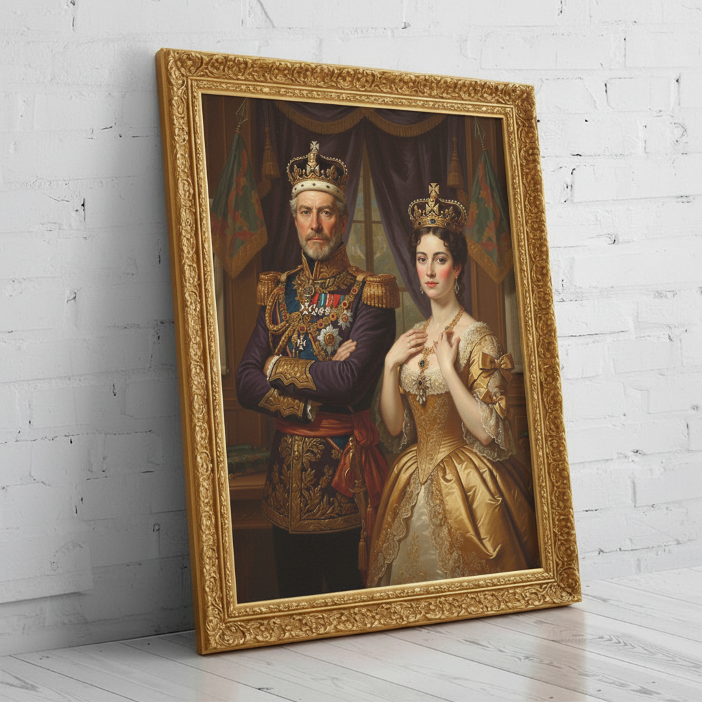 A custom digital portrait of a couple dressed in ornate royal attire, posing as Enchanted Crowned Pair in a regal, majestic setting.