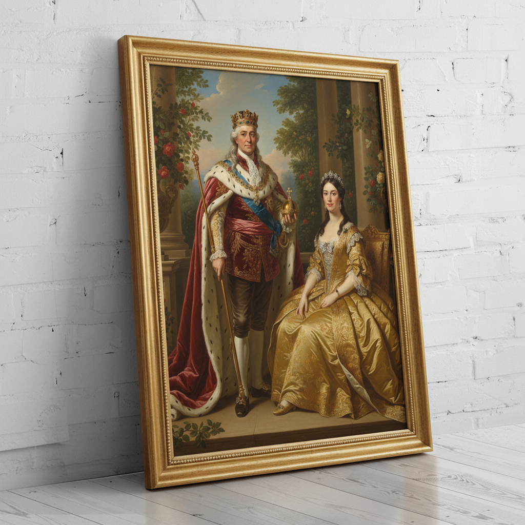 A digitally rendered portrait of a woman dressed in an elegant, regal gown and crown, created as Enchanted Royal Couple using AI technology.