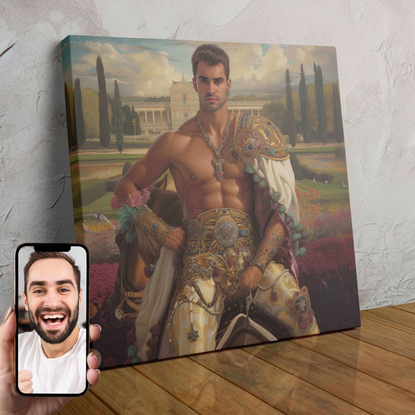 Ornate, gold-accented portrait of a regal, noble figure in a lush, garden setting.