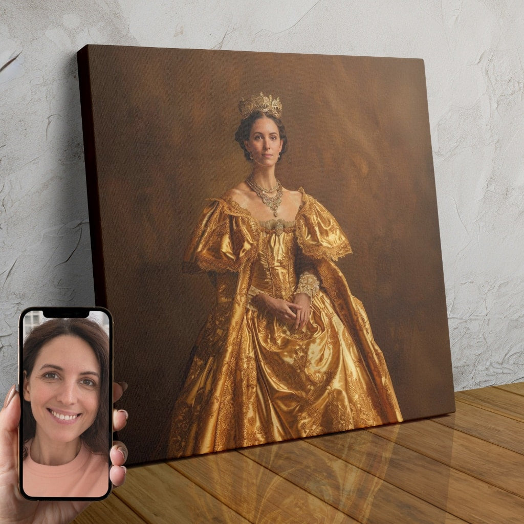 A woman wearing a luxurious golden gown and crown, transformed into a regal "Golden Princess" character using AI-powered custom portrait technology.