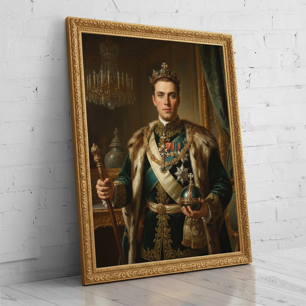 A custom portrait of a man in a gold-embroidered royal uniform, depicting him as Golden Admiral of royal heritage.