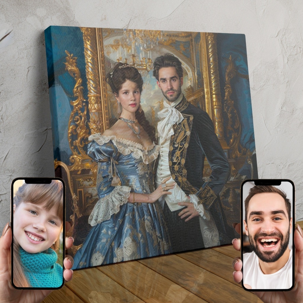 A custom portrait of a regal couple in ornate royal attire, created using AI technology.