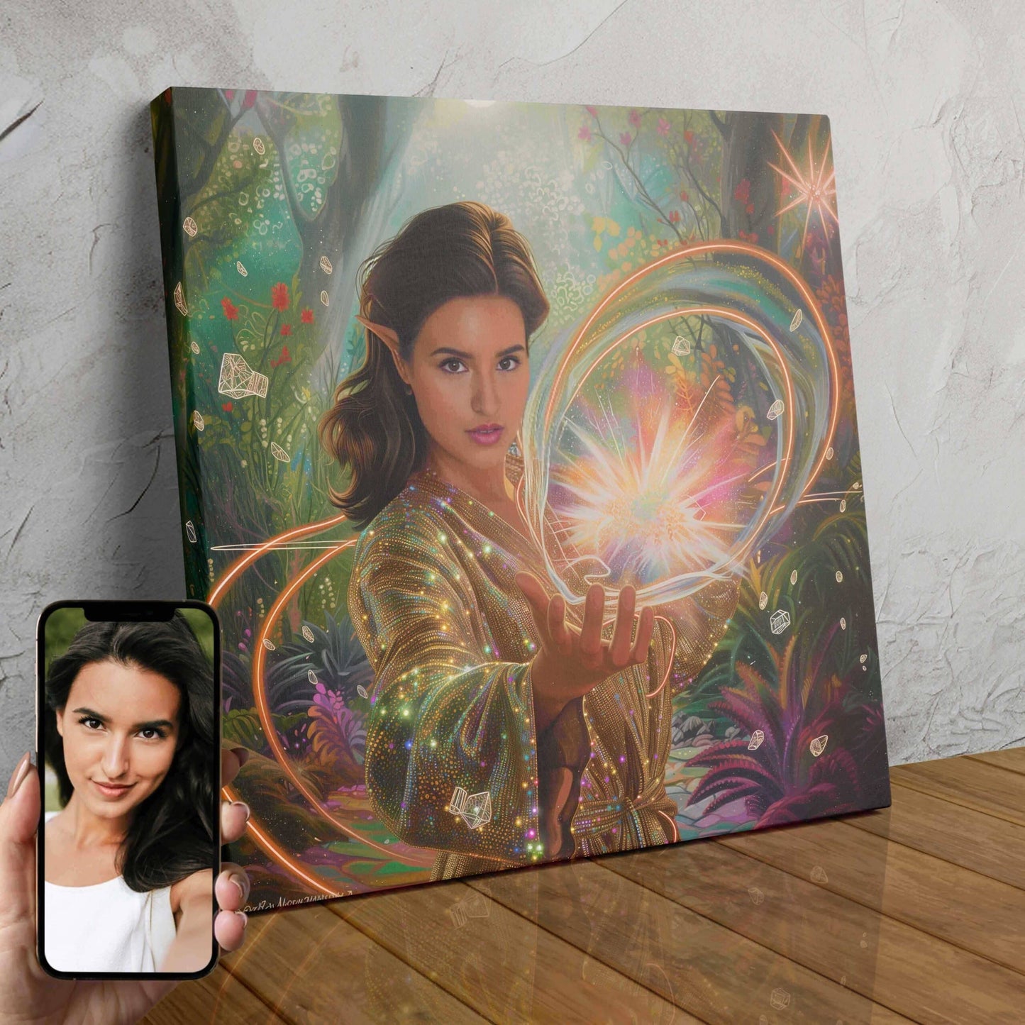 A custom digital portrait of a woman in a green, leafy superhero costume standing in a lush forest.