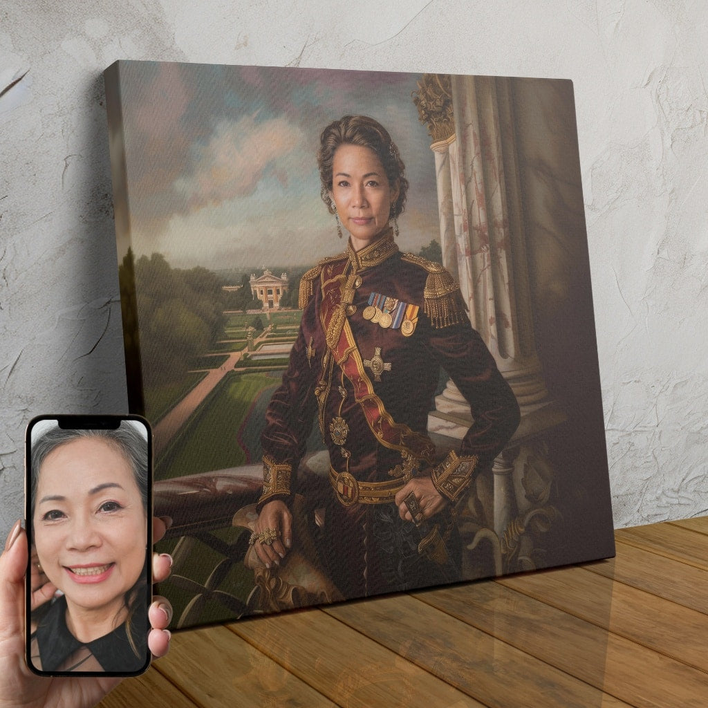 A digitally rendered portrait of a woman dressed in ornate royal attire, featuring a crown, jewelry, and a regal pose.