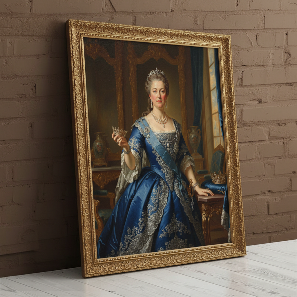 A digitally rendered portrait of a woman dressed in an elegant, regal gown and crown, created as Honored Baroness using AI technology.
