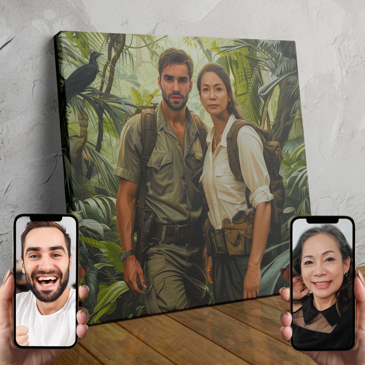 A digital illustration of a couple depicted as fearless jungle explorers, exploring the lush wilderness together.