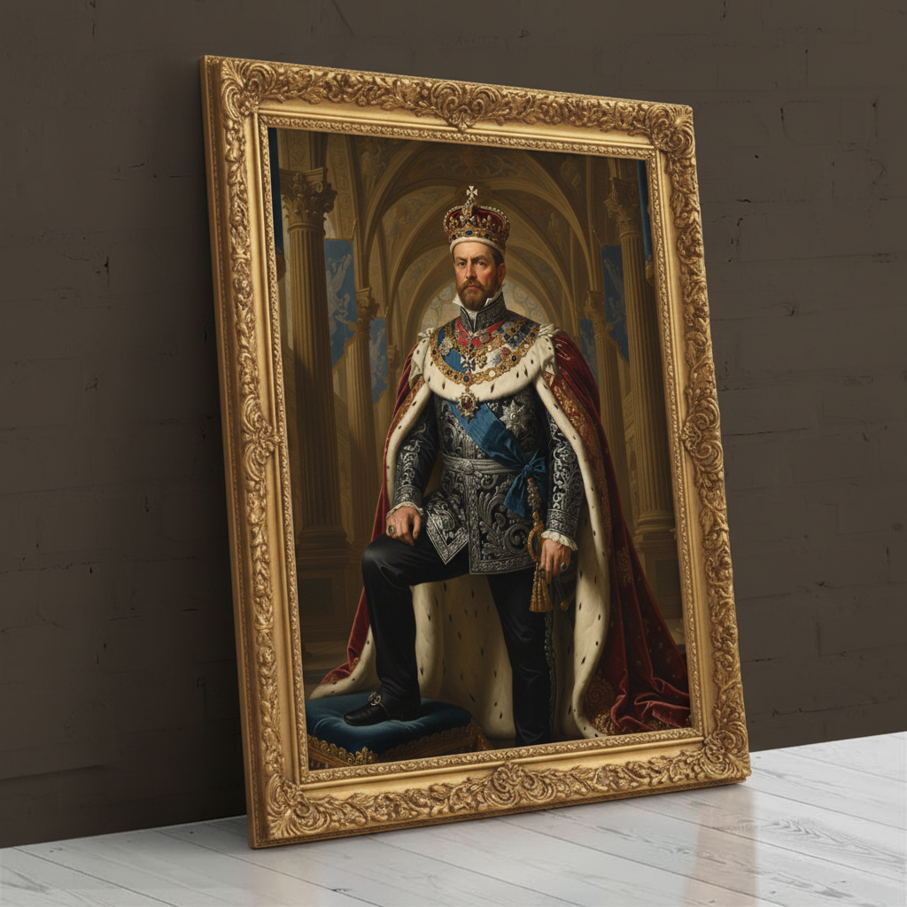 A custom portrait of a man in a gold-embroidered royal uniform, depicting him as Just Monarch of royal heritage.