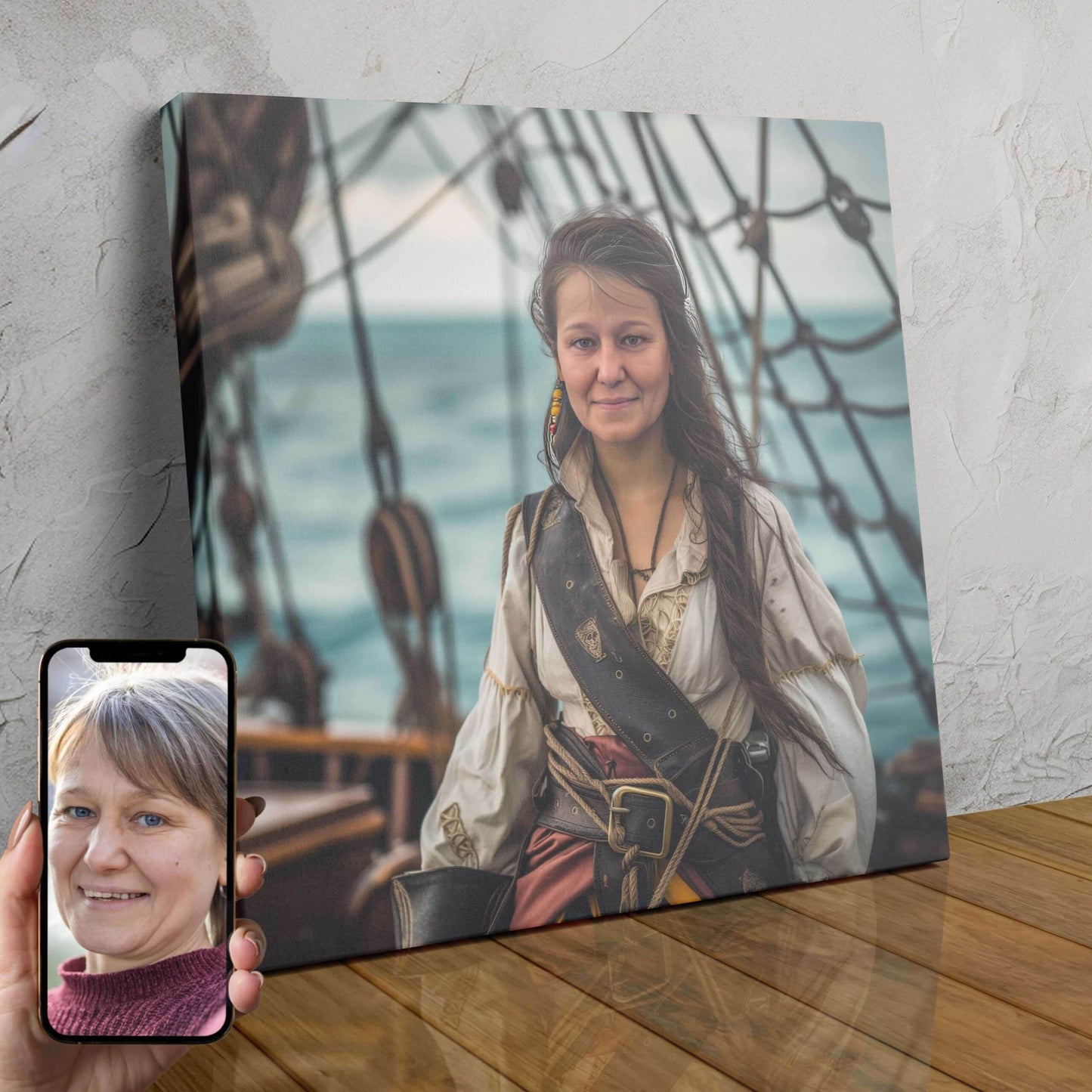 A custom digital portrait of a woman dressed as a pirate, with long dark hair, a pirate hat, and a fierce expression. The portrait is personalized with the name "Luna Nightshade".