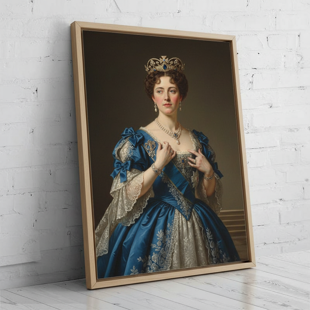 A digitally rendered portrait of a woman dressed in an elegant, regal gown and crown, created as Magnificent General using AI technology.
