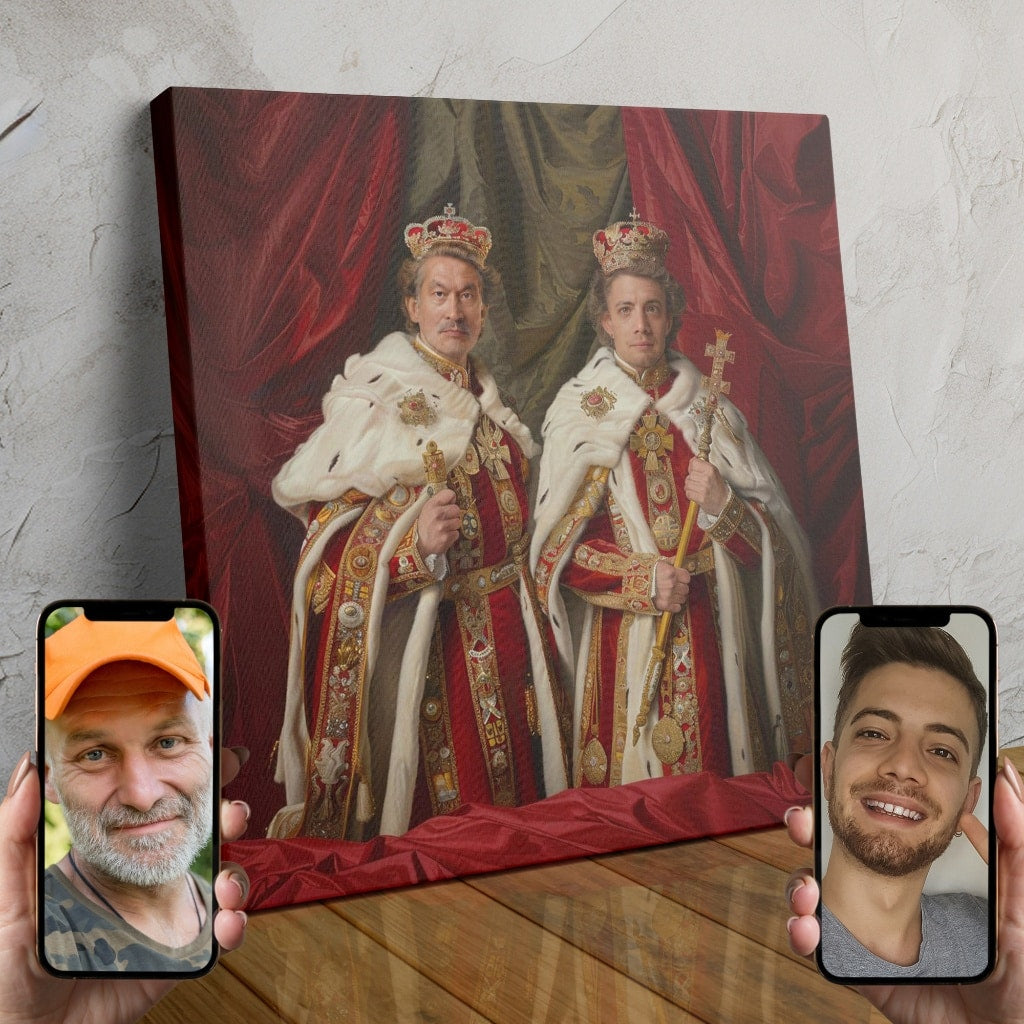 Two men dressed in ornate royal attire, posing as a regal pair in a custom AI-powered portrait.