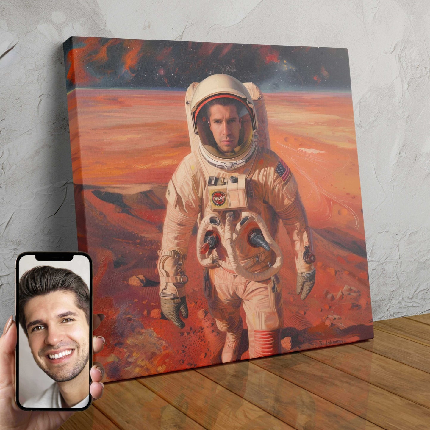 A custom portrait of a person wearing a NASA astronaut suit, standing on the surface of Mars with the planet's red landscape in the background.