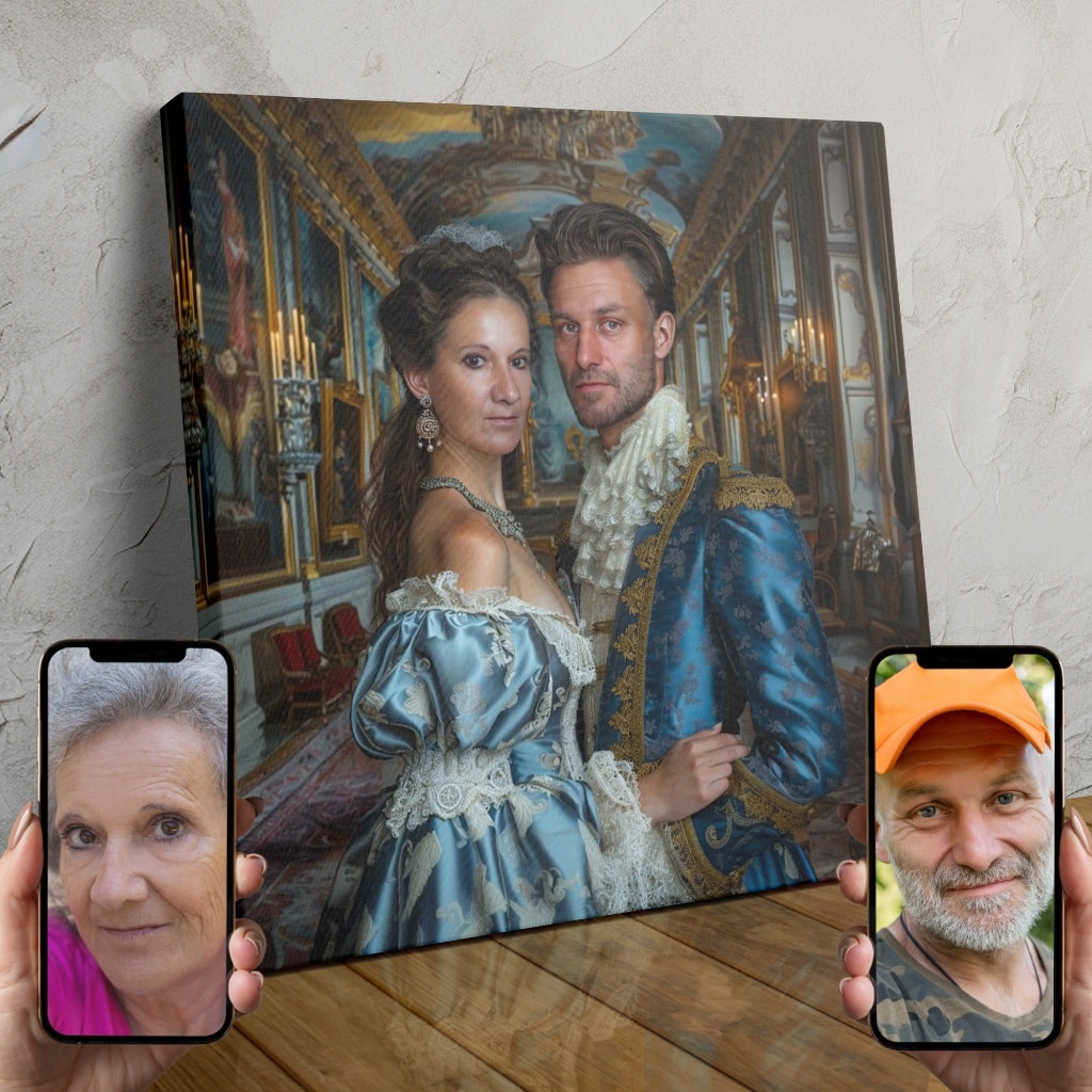 A custom AI-powered portrait of a couple dressed in luxurious royal attire, posed in an opulent palace setting.
