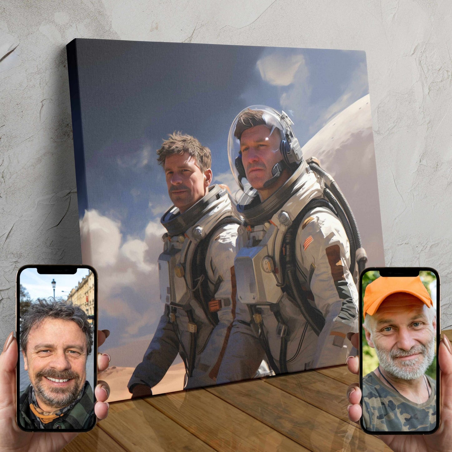 A custom AI-powered portrait of a couple dressed as astronauts, exploring the wonders of space.