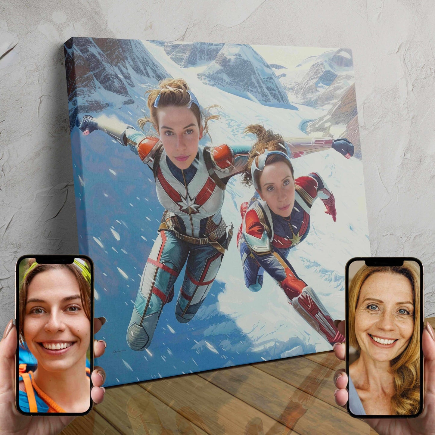 Two people in superhero costumes posing together in a custom digital portrait.