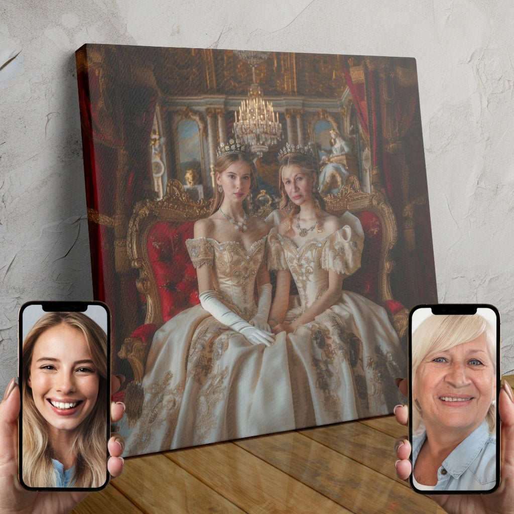 A custom AI-generated portrait of a royal couple in opulent attire, with ornate details and a luxurious backdrop.