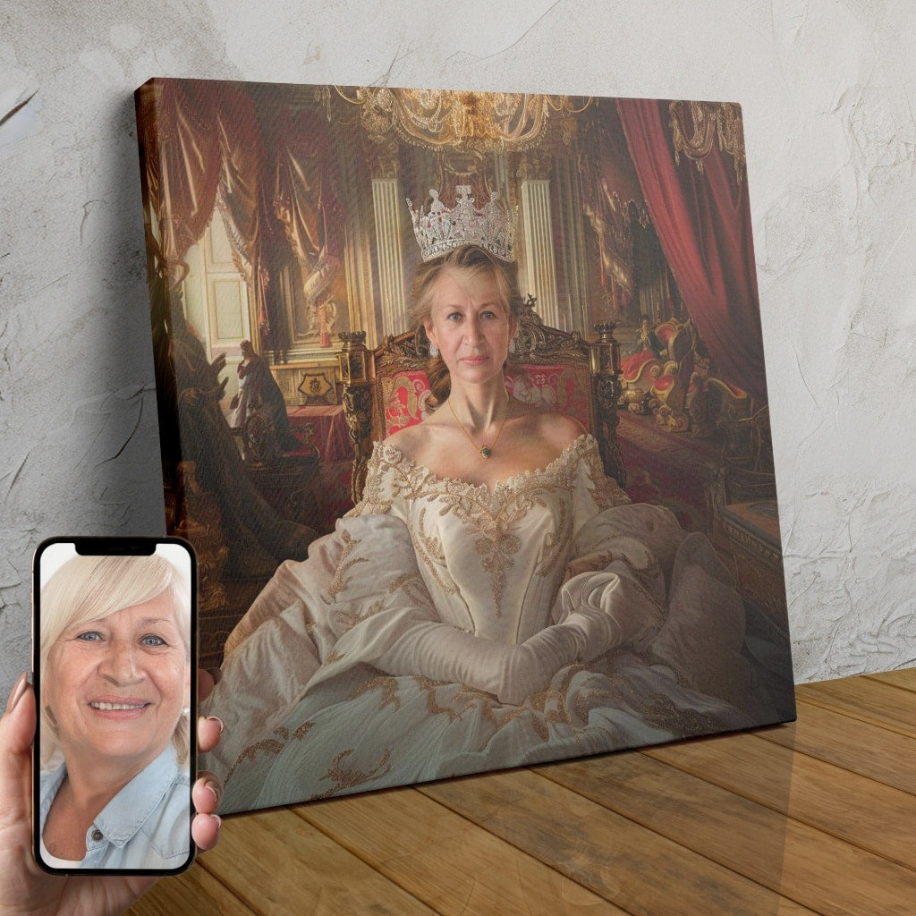 A custom portrait of a woman dressed in an ornate, pearl-embellished gown, posing as a regal queen.
