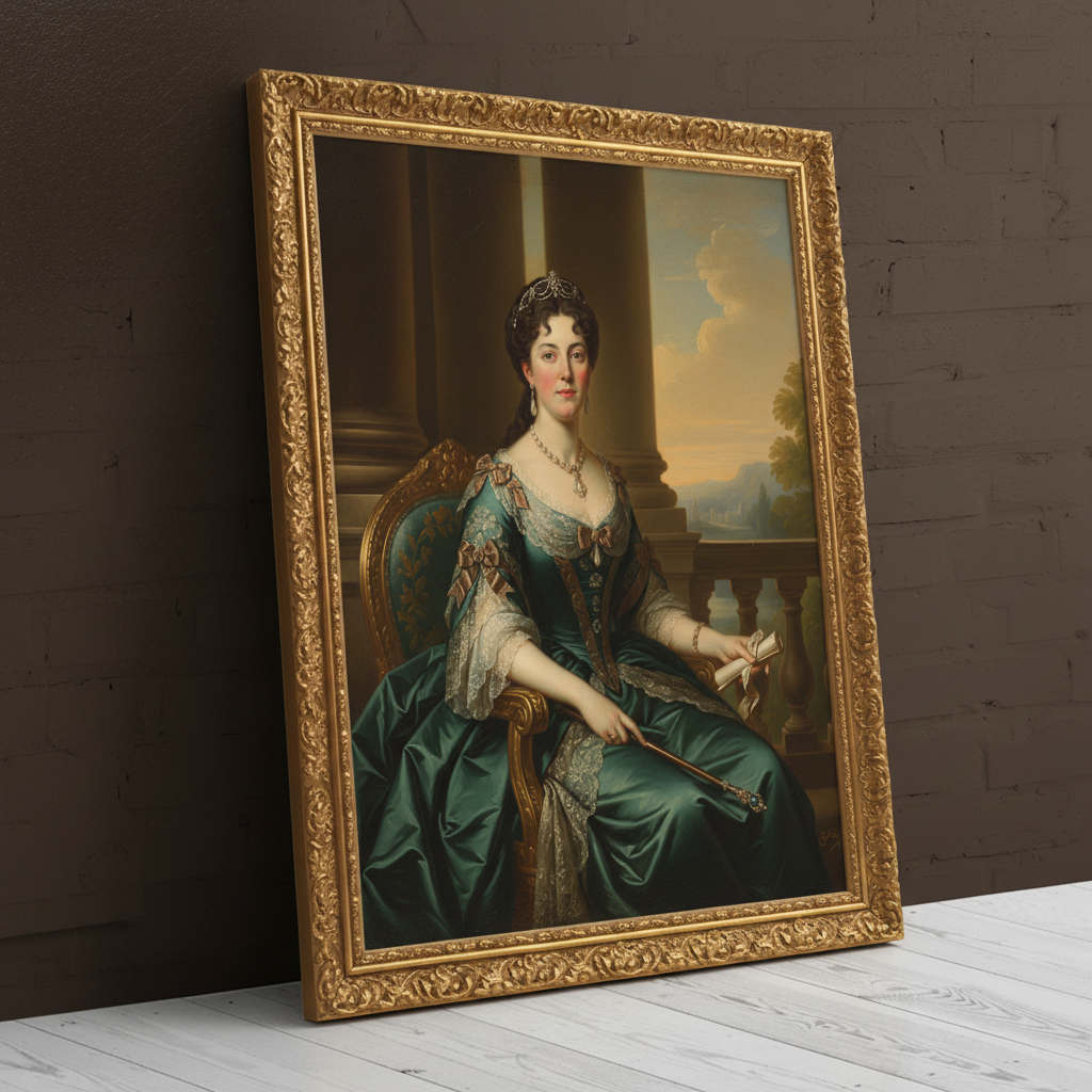 A digitally rendered portrait of a woman dressed in an elegant, regal gown and crown, created as Powerful Chief using AI technology.