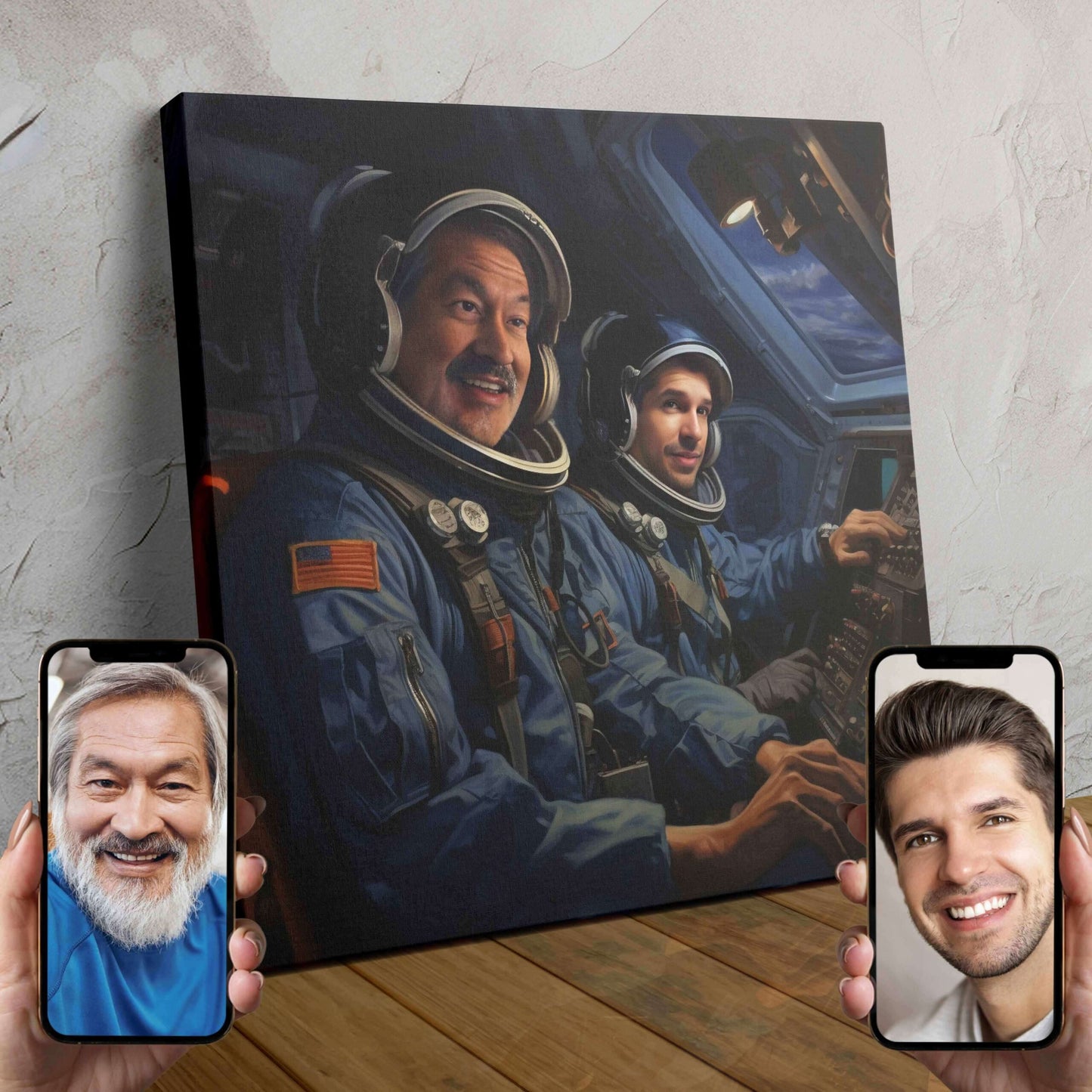Two people dressed as astronauts in a custom portrait with a starry space background.
