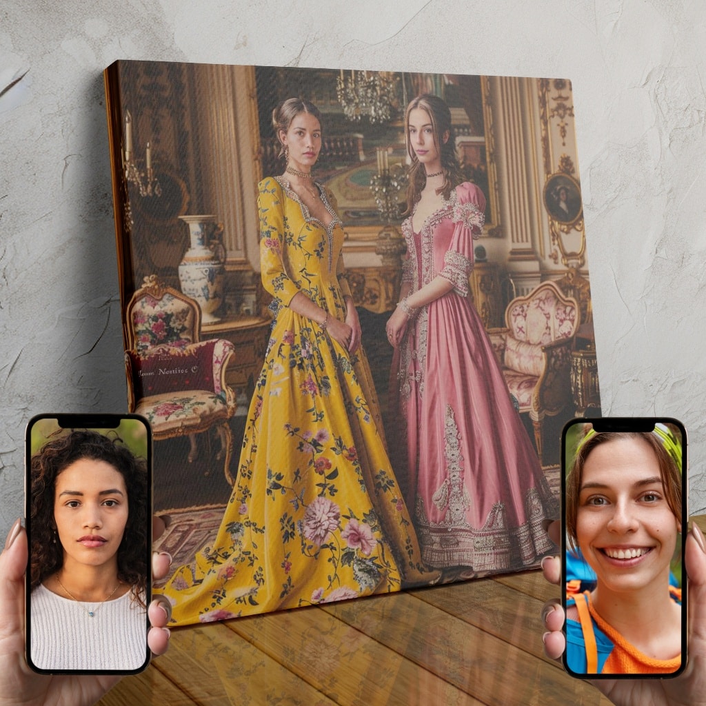 Two elegant women in ornate, regal-inspired dresses posing together in a custom portrait.