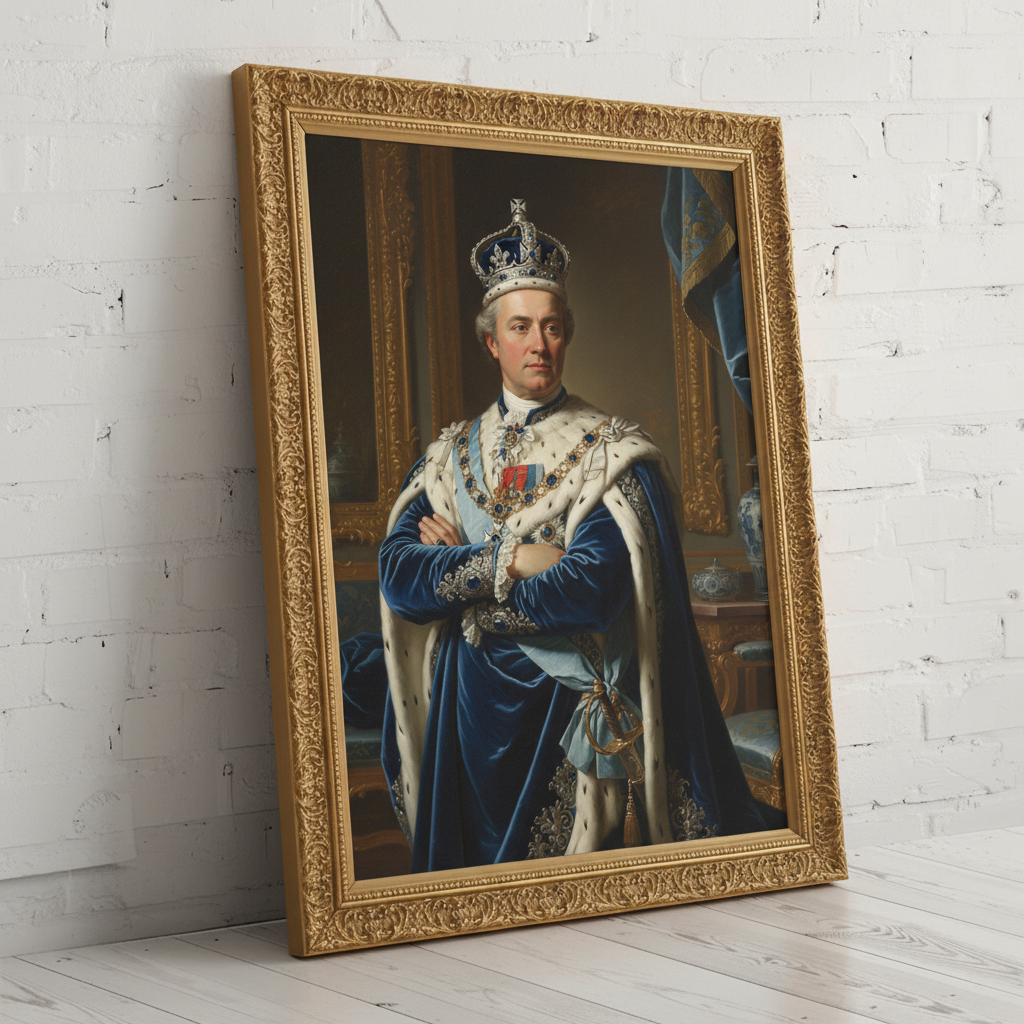 A custom portrait of a man in a gold-embroidered royal uniform, depicting him as Sapphire Duke of royal heritage.