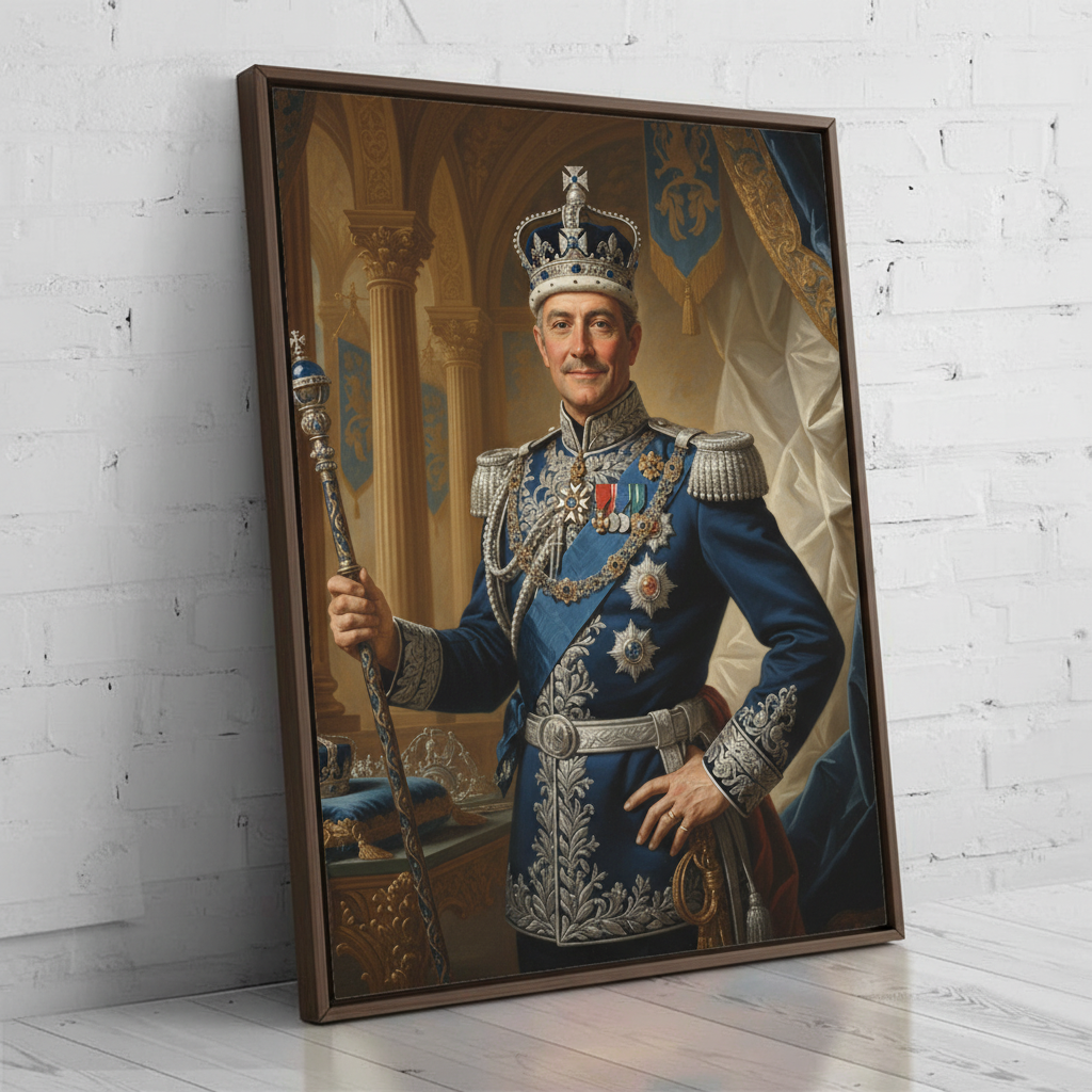 A custom portrait of a man in a gold-embroidered royal uniform, depicting him as Sapphire Lord of royal heritage.