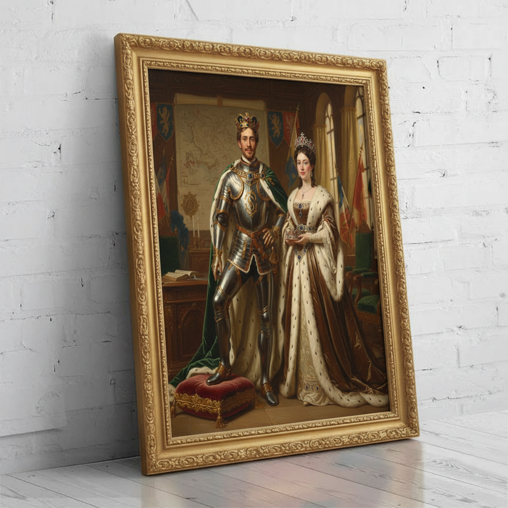 A custom digital portrait of a couple dressed in ornate royal attire, posing as Sapphire Sacred Sisterhood in a regal, majestic setting.