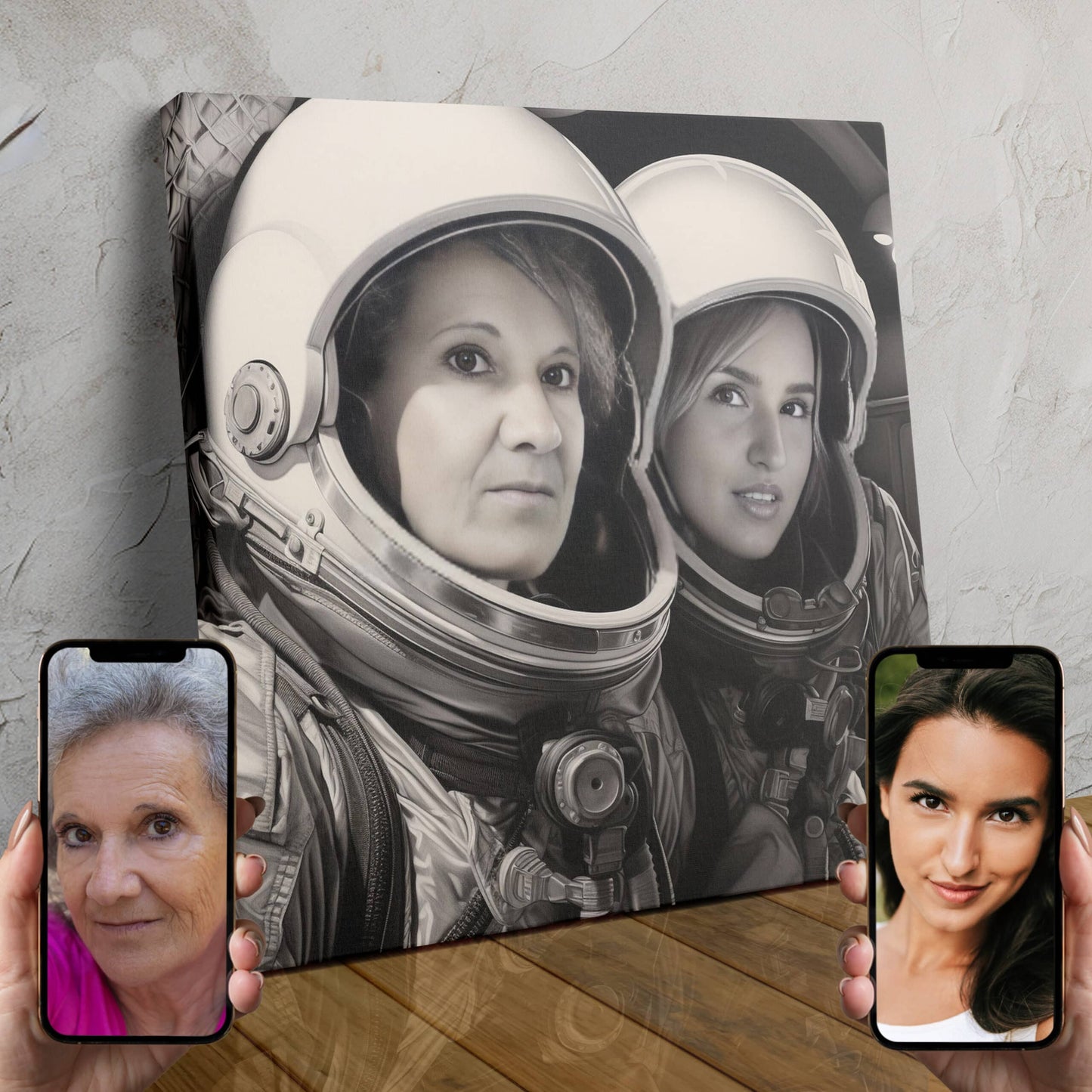 Two people in astronaut suits, posing as intrepid space explorers in a custom AI-powered portrait.