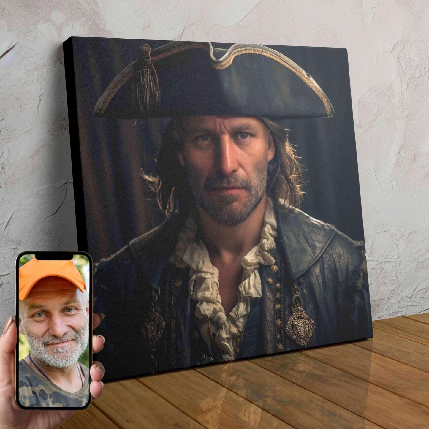 A custom digital portrait of a man in a pirate costume, featuring a tricorn hat, eyepatch, and intricate facial hair, surrounded by a pirate ship and stormy sea.