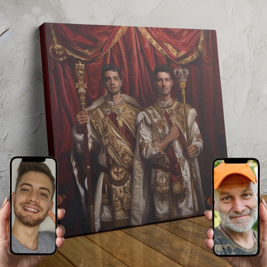 A digitally painted portrait of a couple wearing ornate ceremonial robes with gold detailing, standing regally together.