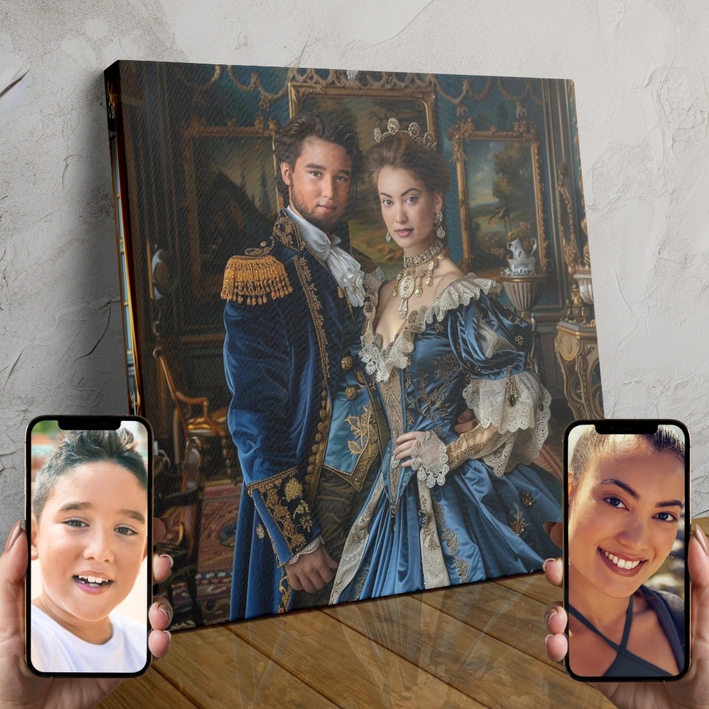 A custom digital portrait of a couple dressed in elegant blue velvet attire, standing in a majestic royal setting.