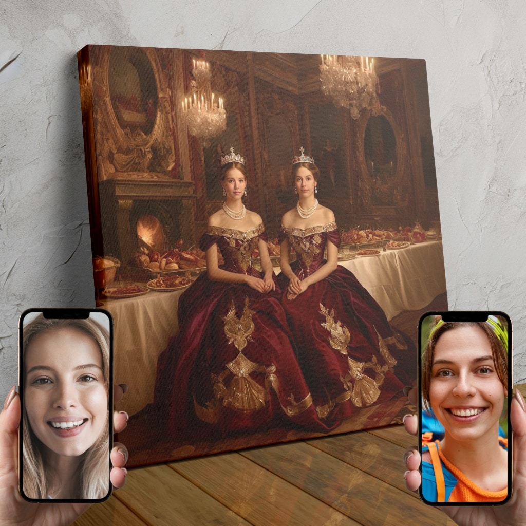 Two women in regal burgundy gowns standing in an opulent palace setting, created using AI technology.