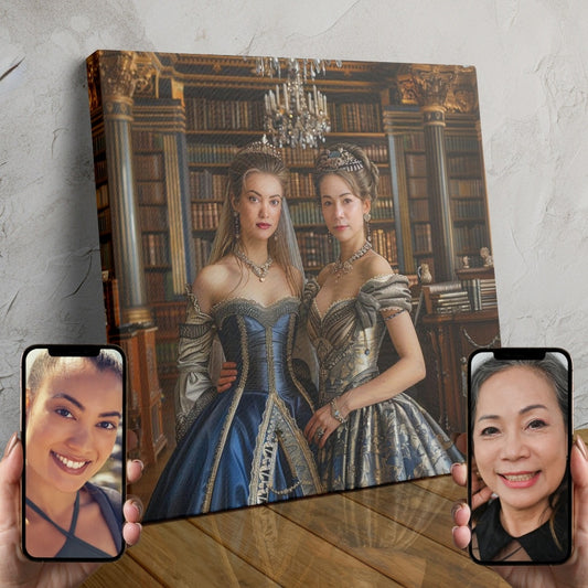 A custom portrait of a regal couple dressed in opulent period gowns, set in a grand palace interior.