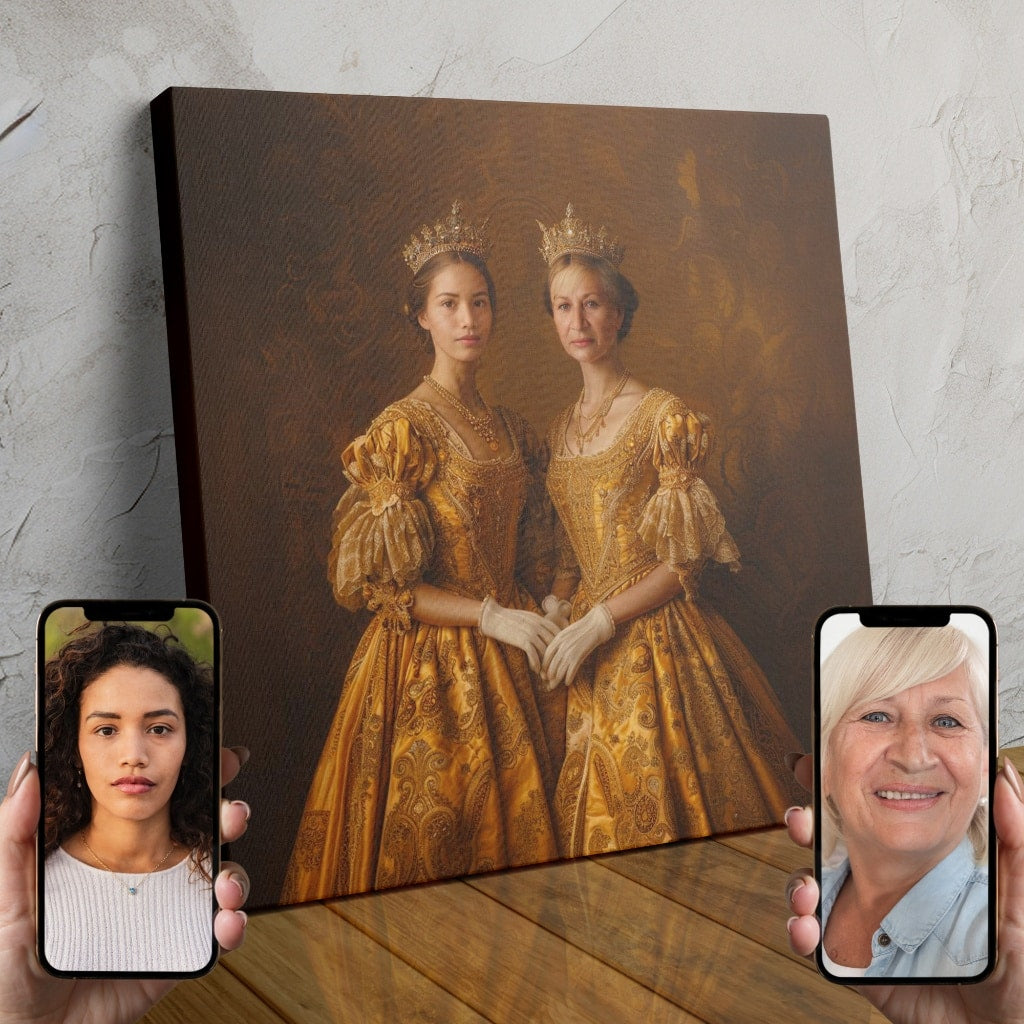 Two aristocratic ladies in luxurious golden gowns, captured in a stunning custom royal portrait.