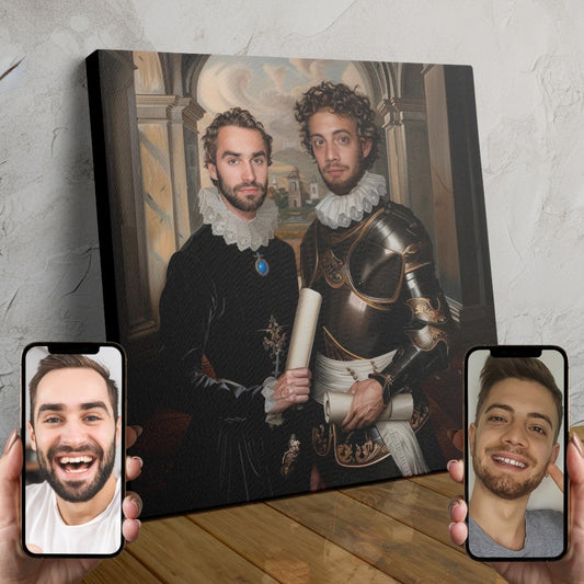 Two people dressed in ornate Renaissance-style aristocratic costumes posing together in a regal portrait.