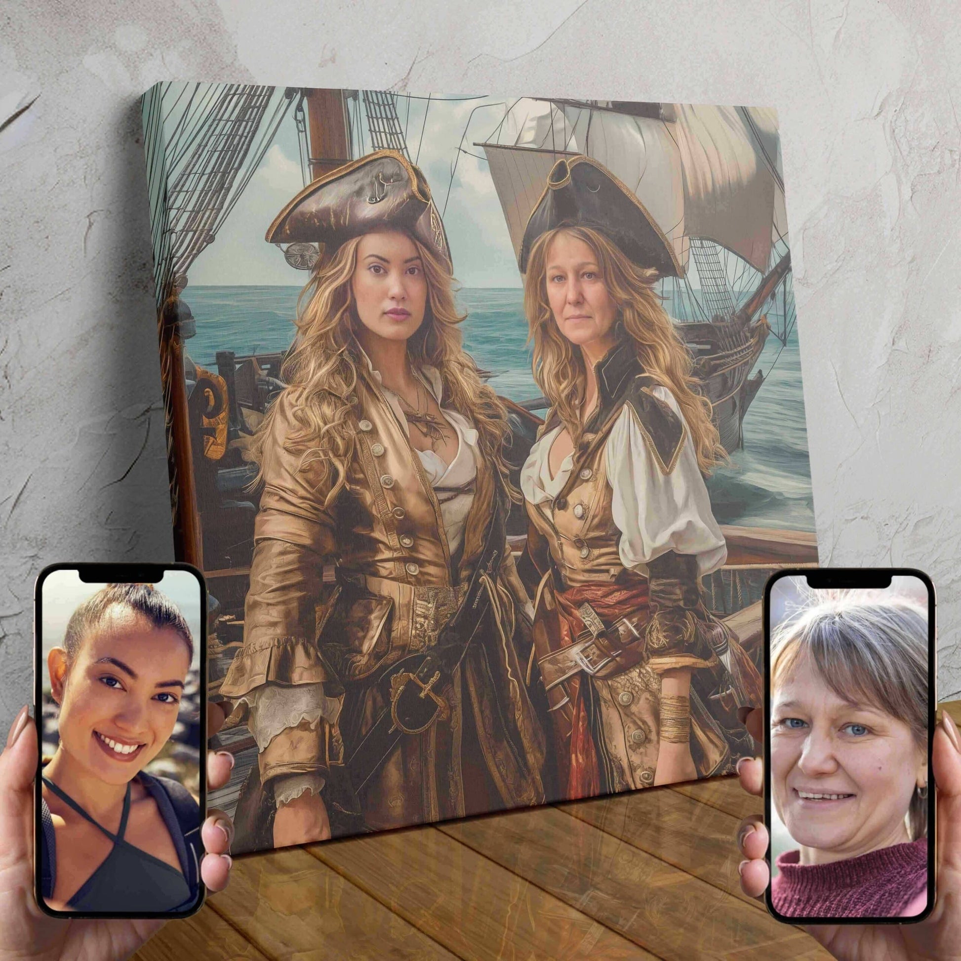 Two people transformed into fearsome pirate characters in a custom duo portrait titled "Aurora & Eclipse"