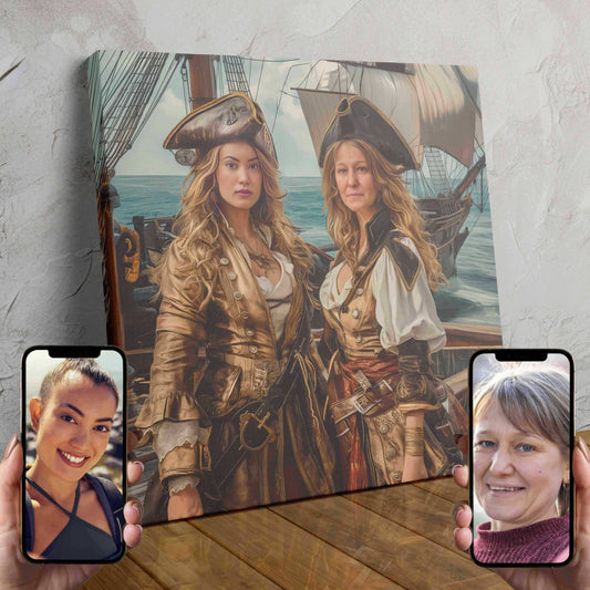 Two people transformed into fearsome pirate characters in a custom duo portrait titled "Aurora & Eclipse"