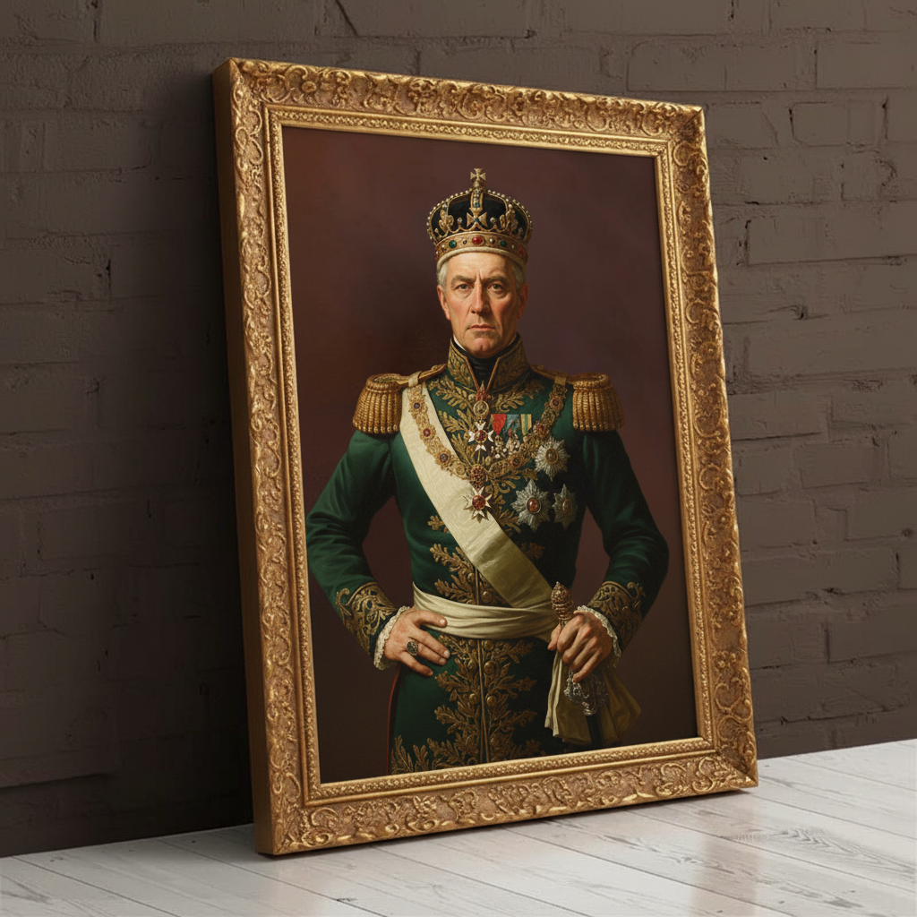 A custom portrait of a man in a gold-embroidered royal uniform, depicting him as Blessed Baron of royal heritage.
