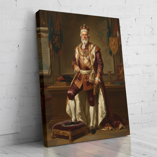 A custom portrait of a man in a gold-embroidered royal uniform, depicting him as Blessed Prince of royal heritage.